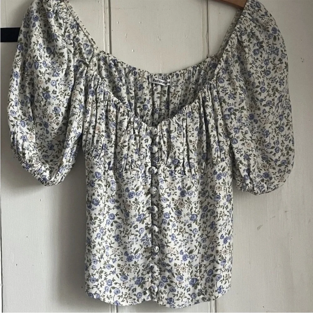Reformation Buco Top - Pixie Blue Floral Blouse